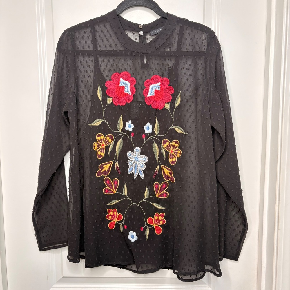 Grace Elements Womens Black Swiss Dot Embroidered Floral Sheer Top Cami NWT Sz M